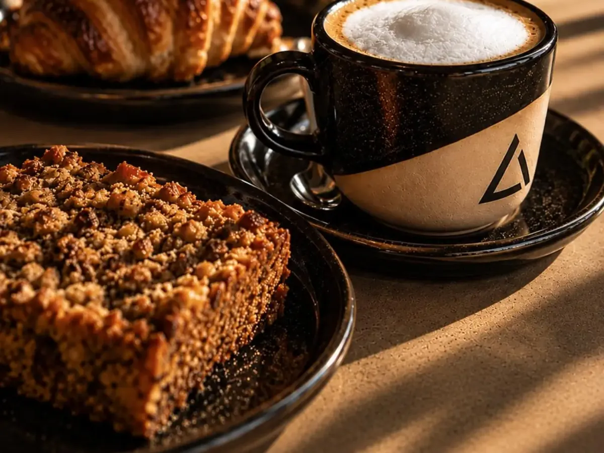Café con leche en taza de Refugio, medialuna y budín
